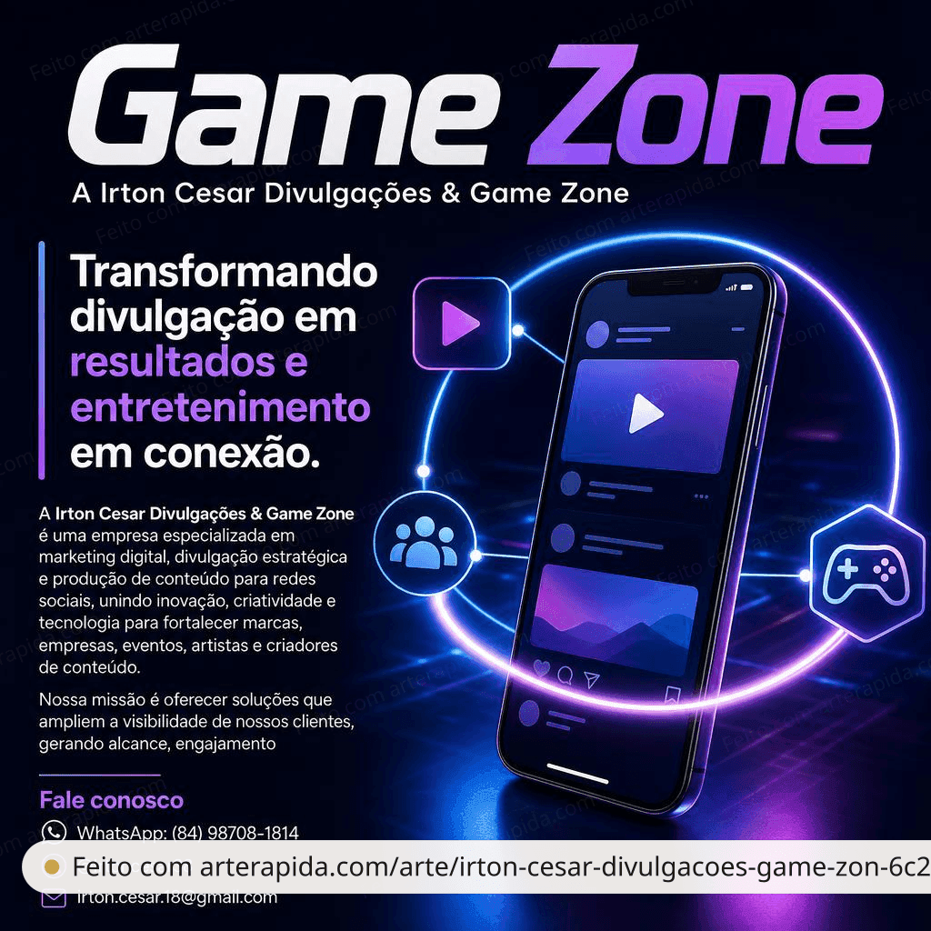 Irton Cesar Divulgações & Game Zone — Institucional · ArteRápida